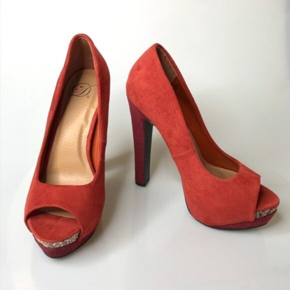 3 for 30! Heart in D Orange Terracotta Suede-Like Open Toe Platform Hells - Picture 1 of 6